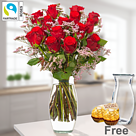 Bunch of 15 red Fairtrade roses with limonium with Vase & 2 Ferrero Rocher