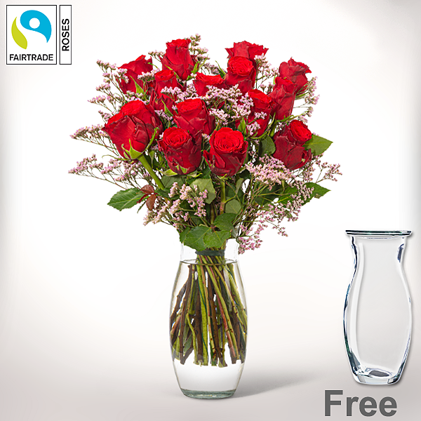 Bunch of 15 red Fairtrade roses with limonium with vase