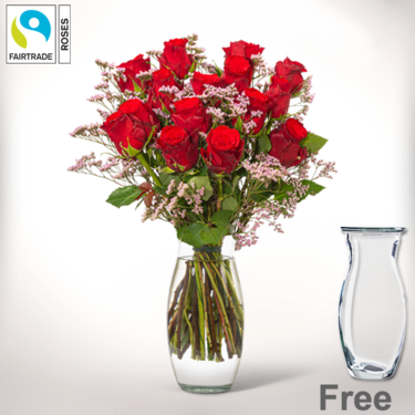 Bunch of 15 red Fairtrade roses with limonium with Vase