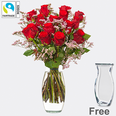 Bunch of 15 red Fairtrade roses with limonium with Vase