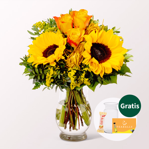 Blumenstrauß Vincent mit Vase & Ferrero Giotto 3er & Teaballs