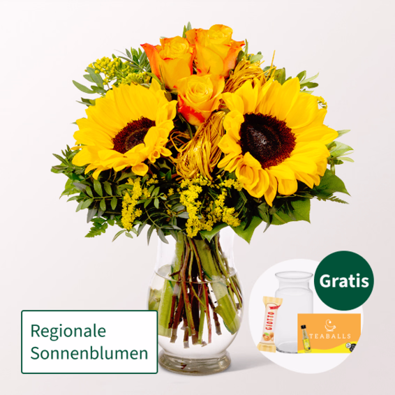 Blumenstrauß Vincent mit Vase & Ferrero Giotto 3er & Teaballs