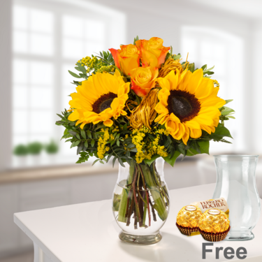 freshly tied Flower Bouquet Vincent with vase & 2 Ferrero Rocher
