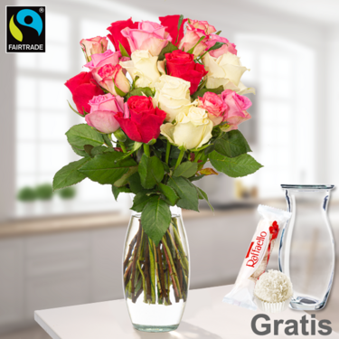 frisch gebunden Rosenbund Zuckerwatte mit Vase & Ferrero Raffaello