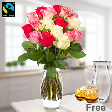 Bunch of roses Zuckerwatte with vase & 2 Ferrero Rocher