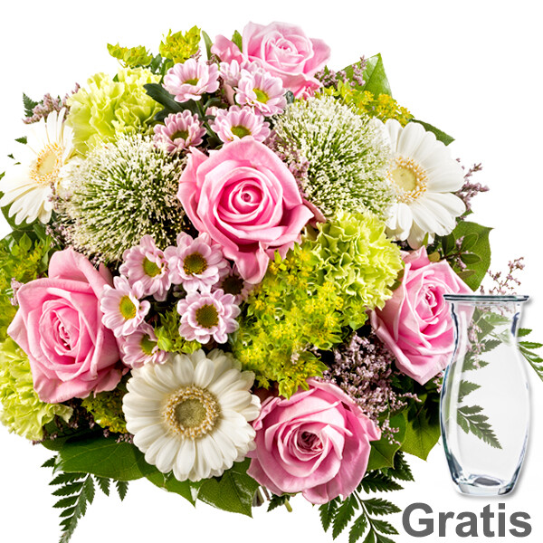 Blumenstrauß Tausendschön mit Vase Blumen zur Geburt verschicken