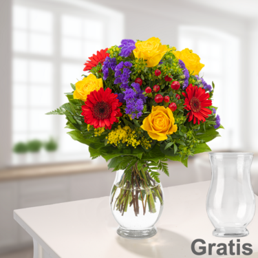 frisch gebunden Blumenstrauß Blütenfee mit Vase
