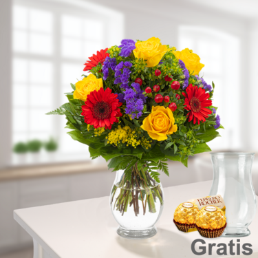 frisch gebunden Blumenstrauß Blütenfee mit Vase & 2 Ferrero Rocher