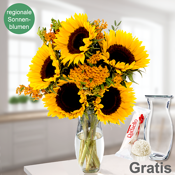 Blumenstrauß Sommerlichter mit Vase & Ferrero Raffaello