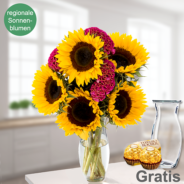 Blumenstrauß Sonnengrüße mit Vase & 2 Ferrero Rocher