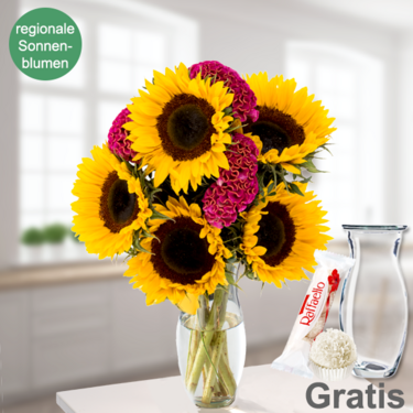 Blumenstrauß Sonnengrüße mit Vase & Ferrero Raffaello Blumenstrauß Sonnengrüße mit Vase & Ferrero Raffaello