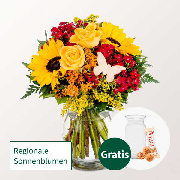Blumenstrauß Herbstglühen mit Vase & Ferrero Giotto 3er