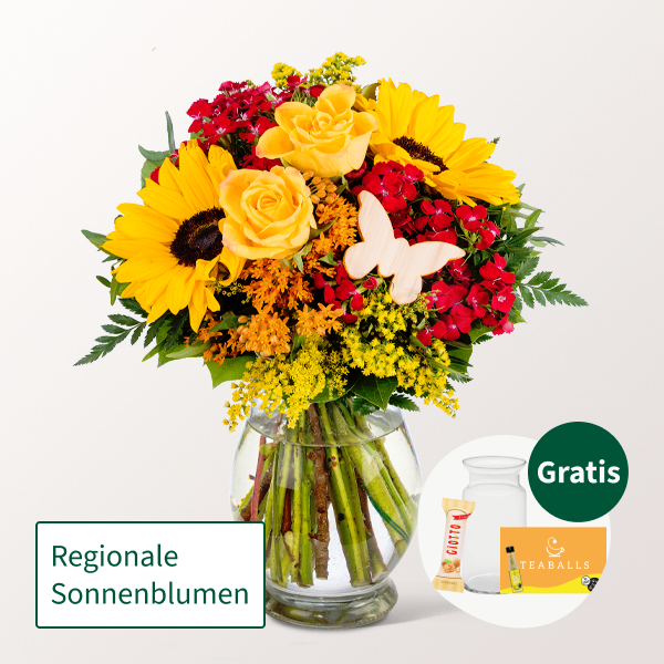 Blumenstrauß Herbstglühen mit Vase & Ferrero Giotto 3er & Teaballs