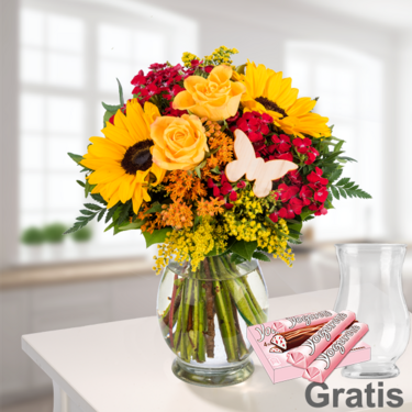 frisch gebunden Blumenstrauß Sommergefühl mit Vase & 4 Ferrero Yogurette