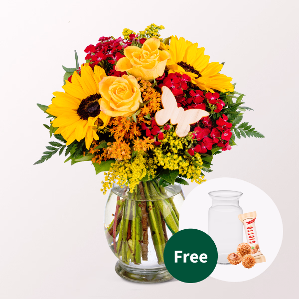 Flower Bouquet Mamas Lächeln with vase & Balloon & Ferrero Giotto