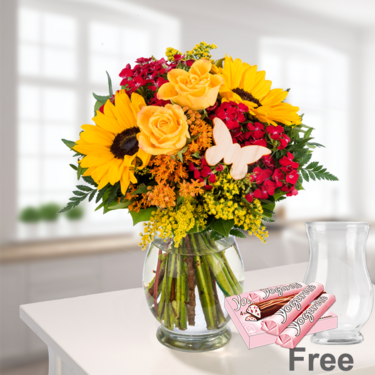 freshly tied Flower Bouquet Sommergefühl with vase & 4 Ferrero Yogurette
