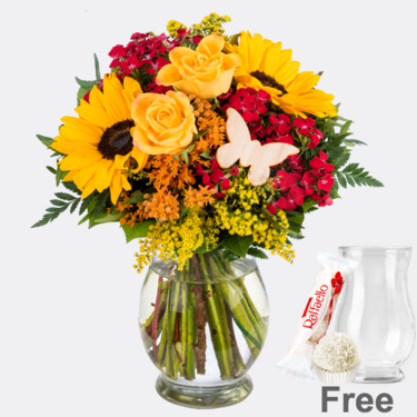 freshly tied Flower Bouquet Herbstglühen with vase & Ferrero Raffaello