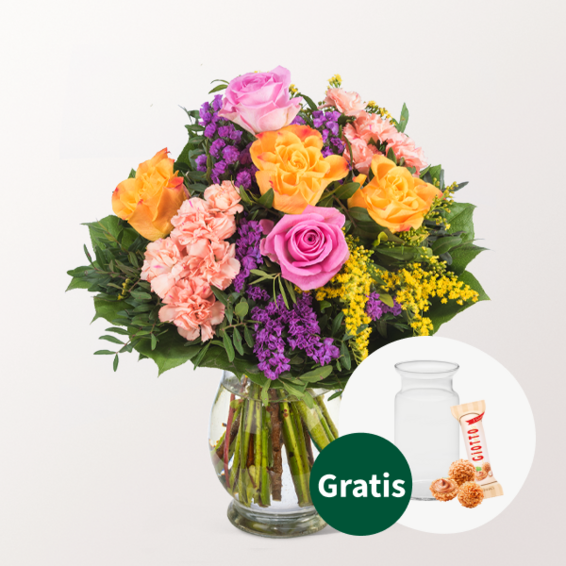 Blumenstrauß Farbenspiel mit Vase & Teaballs & Ferrero Giotto 3er