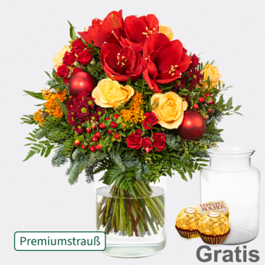 Premiumstrauß Große Bescherung mit Premiumvase & 2 Ferrero Rocher