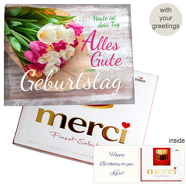 Personal greeting card with Merci: Zum Geburtstag