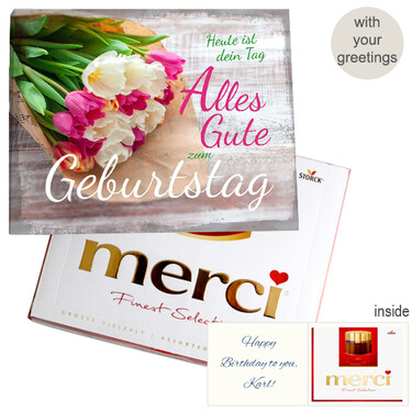 Personal greeting card with Merci: Zum Geburtstag (250g)