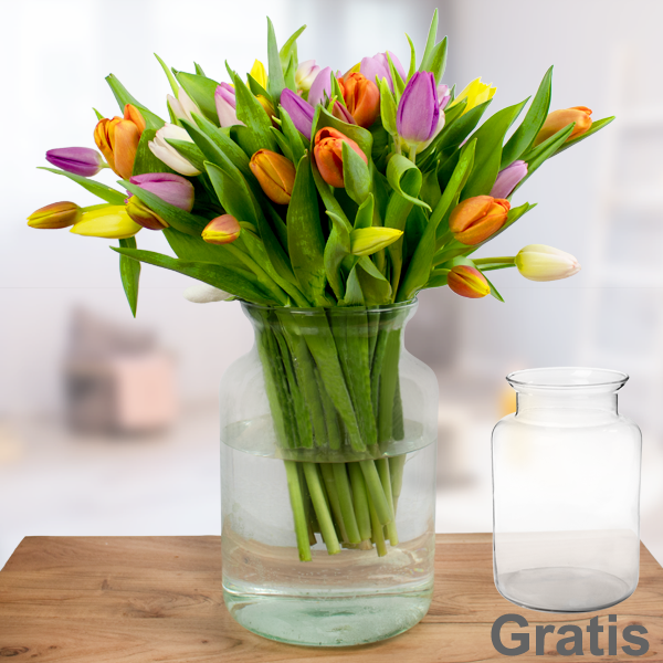 40 Tulpen im Bund mit Premiumvase