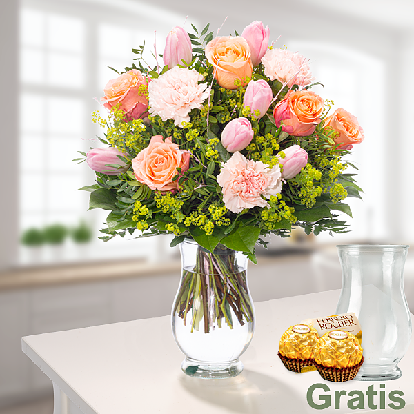 Blumenstrauß Frühlingsherz mit Vase & 2 Ferrero Rocher