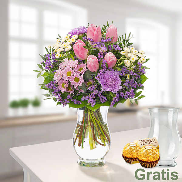 Blumenstrauß Frühlingszeit mit Vase & 2 Ferrero Rocher