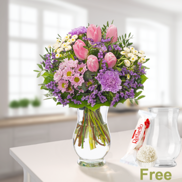 freshly tied Flower Bouquet Frühlingszeit with vase & Ferrero Raffaello