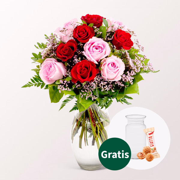 Rosenstrauß Harmony mit Vase & Ballon-Stecker & Ferrero Giotto