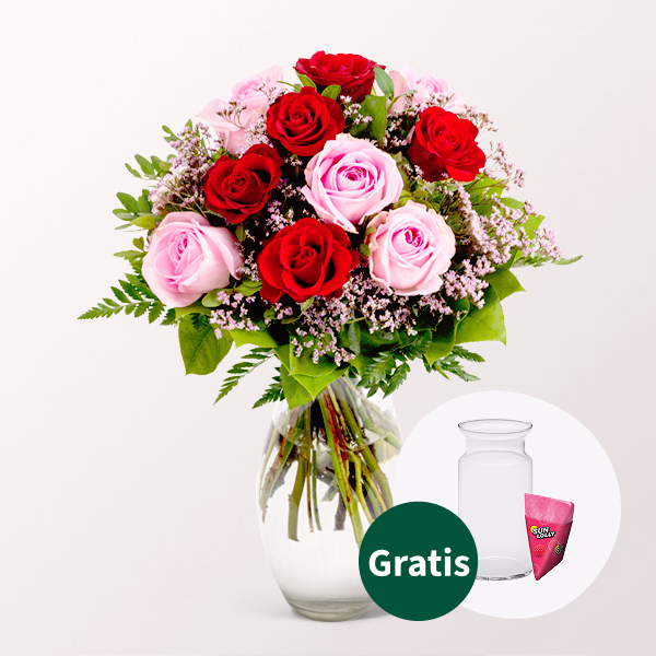 Rosenstrauß Harmony mit SunLolly Himbeere & Vase