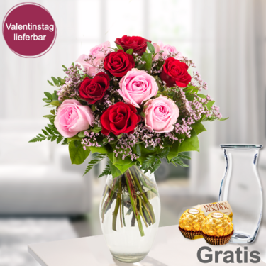 frisch gebunden Rosenstrauß Harmony mit Vase & 2 Ferrero Rocher