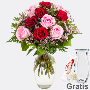 Rosenstrauß Harmony mit Vase & Ferrero Raffaello