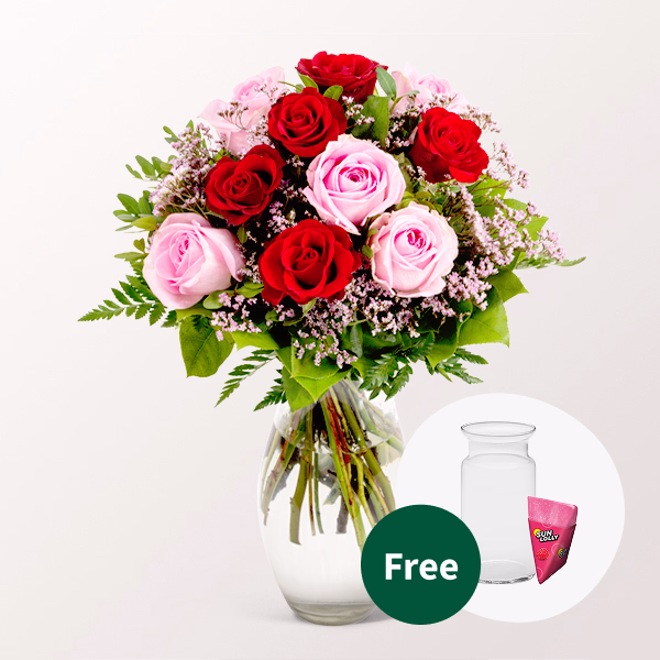 Rose Bouquet Harmony with SunLolly Raspberry & vase