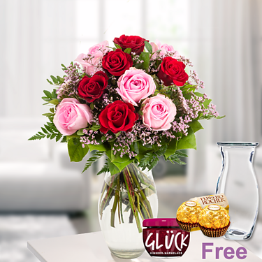 Rose Bouquet Harmony with vase & 2 Ferrero Rocher & GLÜCK Jam Raspberry