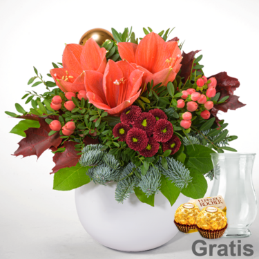 Blumenstrauß Weihnachtsmorgen mit Vase & 2 Ferrero Rocher