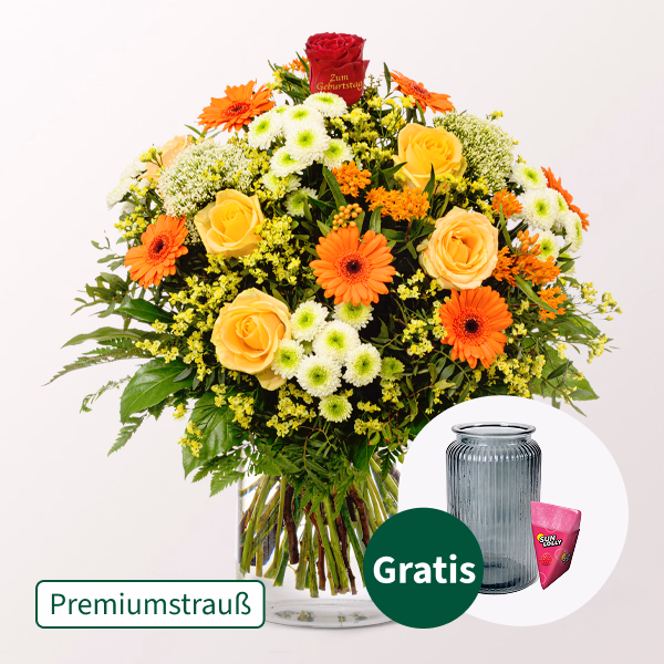Premiumstrauß „Zum Geburtstag“ mit Premiumvase & SunLolly Himbeere
