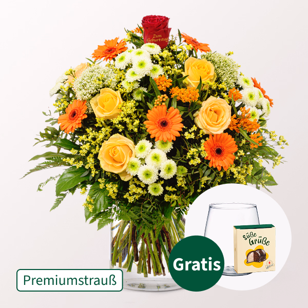Premiumstrauß „Zum Geburtstag“ mit Premiumvase & Halloren Kugeln