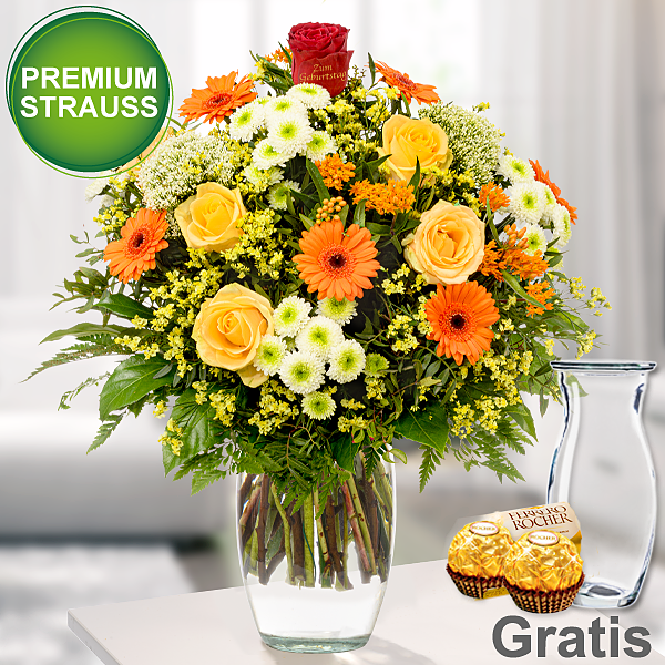 Premiumstrauß "Zum Geburtstag" mit Vase & 2 Ferrero Rocher