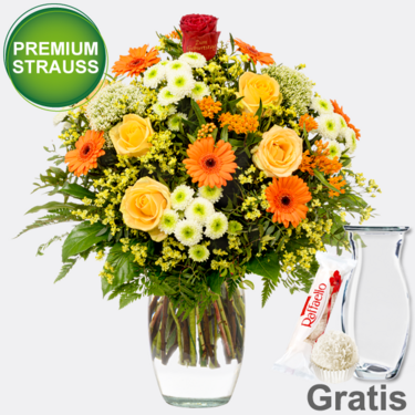 frisch gebunden Premiumstrauß "Zum Geburtstag" mit Vase & Ferrero Raffaello