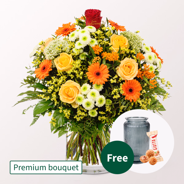 Premium Bouquet „Zum Geburtstag“ with Premium Vase & Balloon & Ferrero Giotto