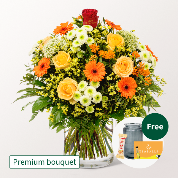 Premium Bouquet „Zum Geburtstag“ with Premium Vase & 3 Ferrero Giotto & Teaballs