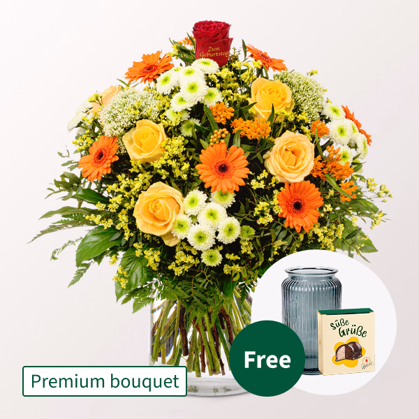 Premium Bouquet „Zum Geburtstag“ with Premium Vase & Halloren Balls