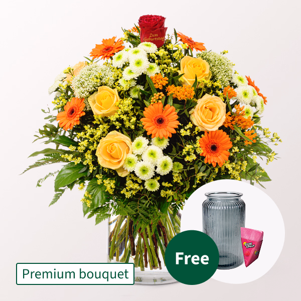 Premium Bouquet „Zum Geburtstag“ with Premium Vase & SunLolly Raspberry