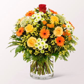 Premium Bouquet „Zum Geburtstag“ with Premium Vase & SunLolly Raspberry