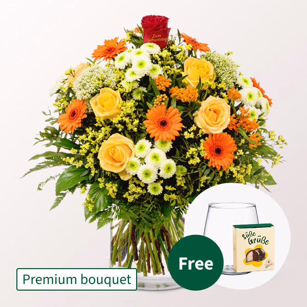 Premium Bouquet „Zum Geburtstag“ with Premium Vase & Halloren Balls