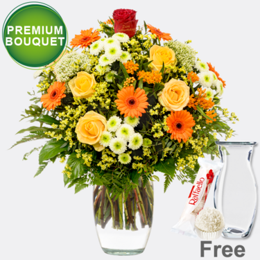 freshly tied Premium Bouquet "Zum Geburtstag" with Vase & Ferrero Raffaello