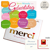 Personal greeting card with Merci: Beste Wünsche zum Geburtstag