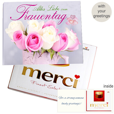 Personal greeting card with Merci: Happy Birthday Personal greeting card with Merci: Alles Liebe zum Frauentag (250g)