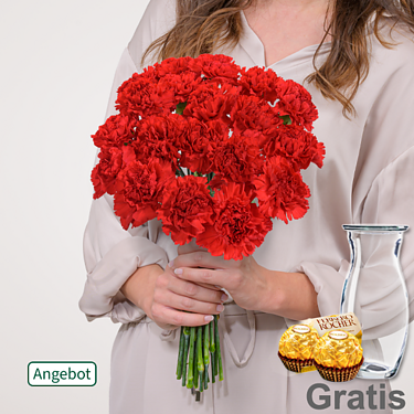 19 rote Frauentags-Nelken im Bund mit Vase & 2 Ferrero Rocher
